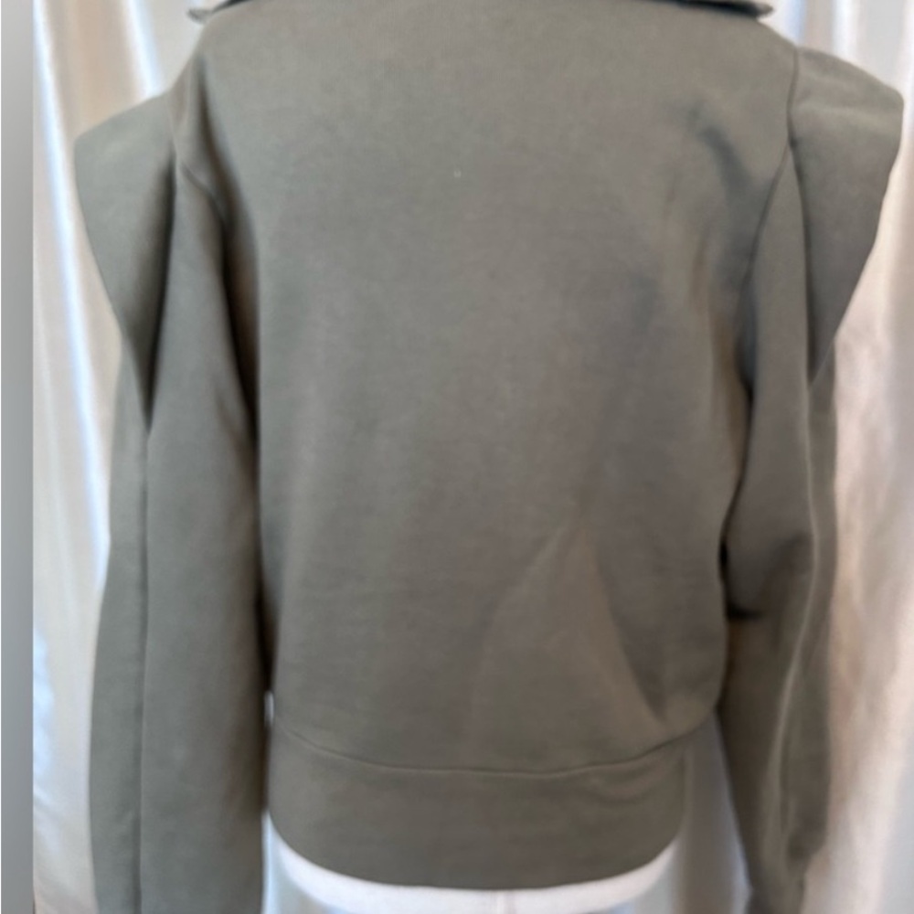 FRAME Sporty Half Zip Ruffle Shoulder Detail Sweatshirt Military Green S EUC - Picture 10 of 14